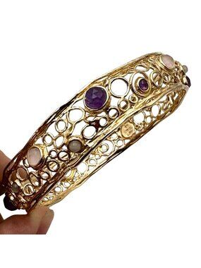 Isreal LIRM Multi Gemstone Bracelet Gold Plated Sterling Silver Bangle 8"